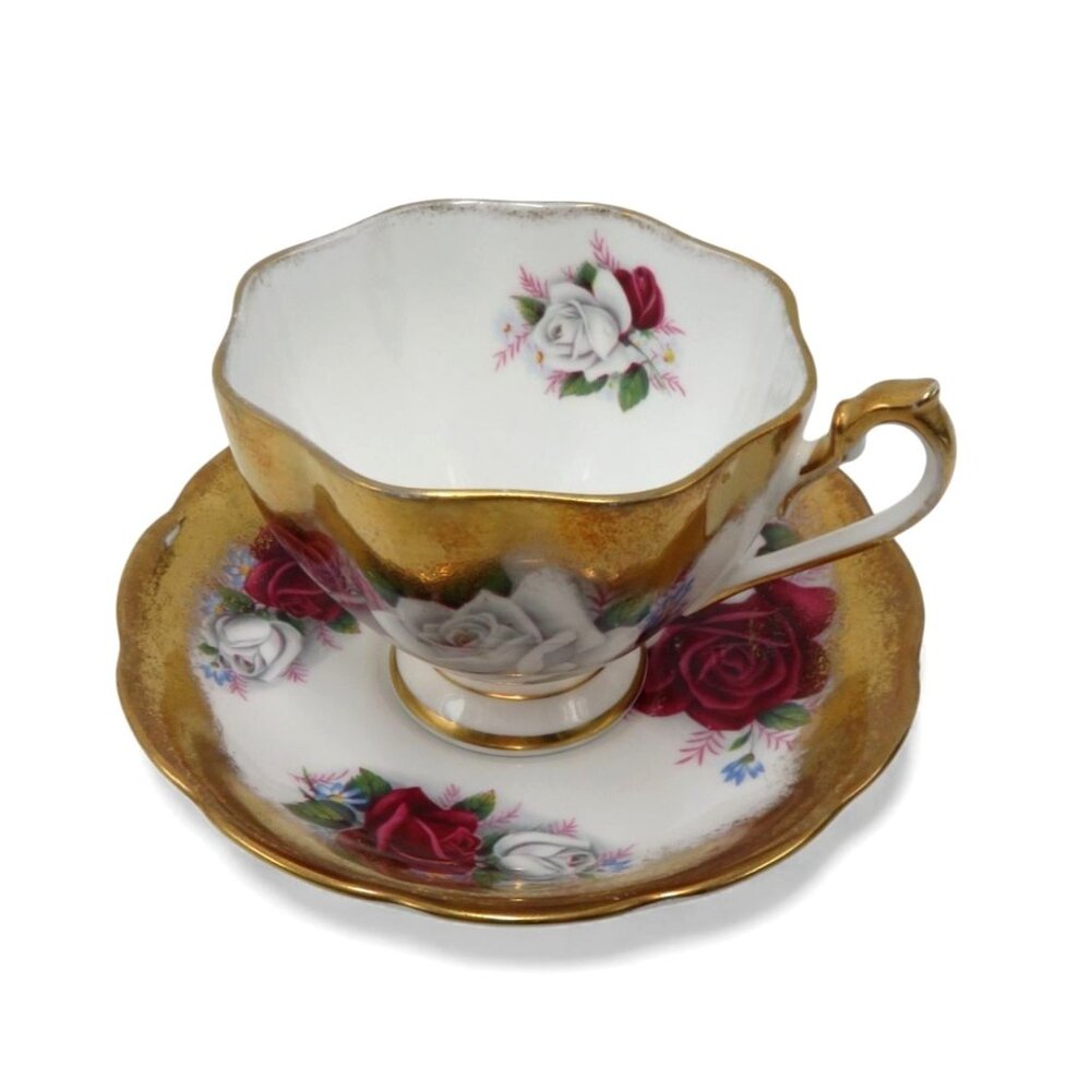 Queen Anne Pink White Rose Teacup and Saucer Gold Trim Vintage